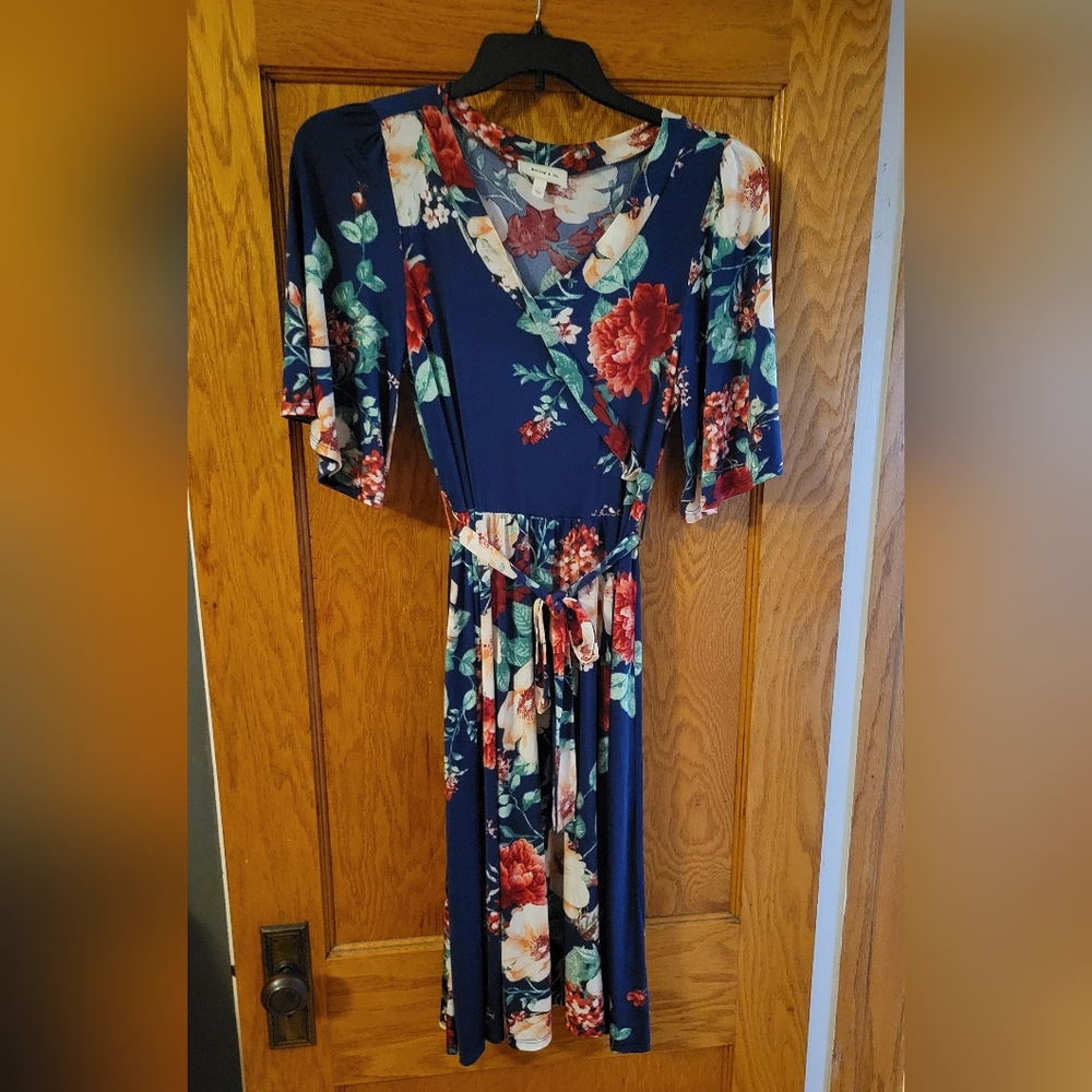 Royal blue floral faux wrap dress sz L